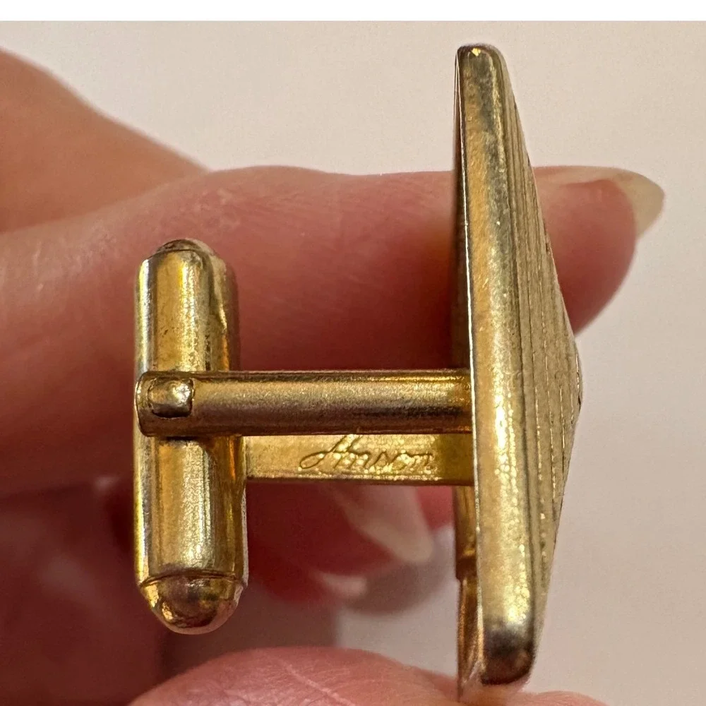 1970s Vtg Hanson‎ Gold Tone Cufflinks Textured Geometric Vintage Mens Jewelry